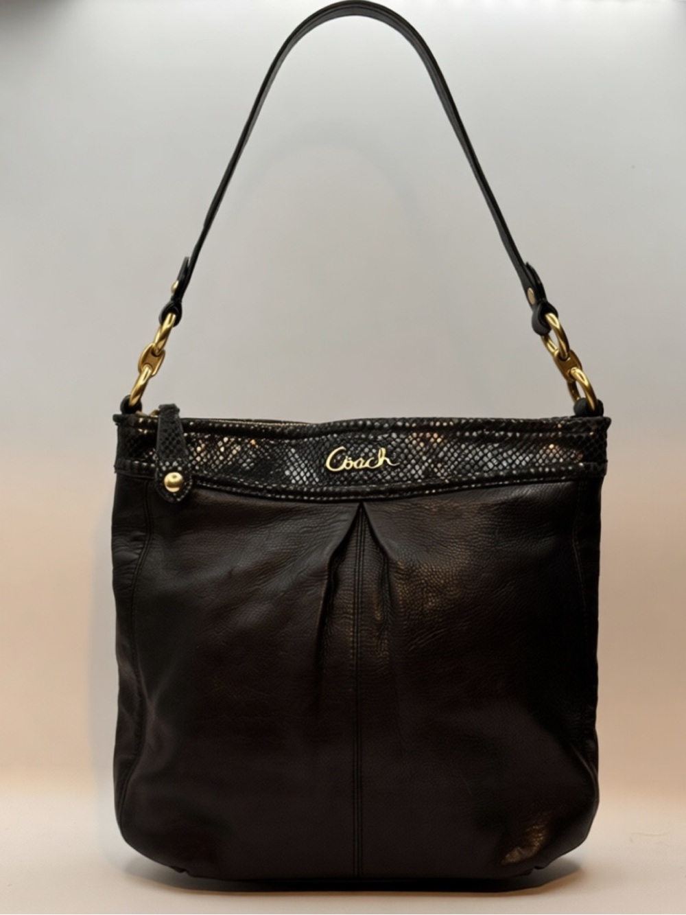 COACH Ashley Black Leather Hippie Shoulder Bag F20114 Snake Trim EUC